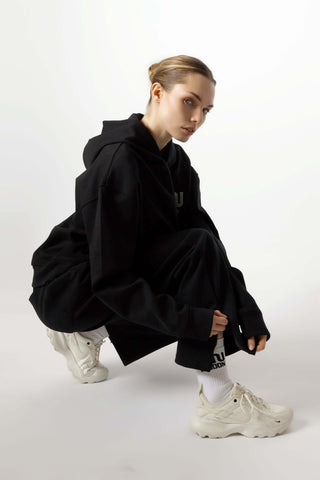 HEAVEN Relaxed Fit Hoodie - Premium Heavyweight Loungewear HEAVEN Hoodie front view HEAVEN Hoodie back view HEAVEN Wide Leg Joggers - Heavyweight Loungewear HEAVEN Joggers front view HEAVEN Wide Leg Joggers lifestyle shot Pulse Sports Bra with white logo