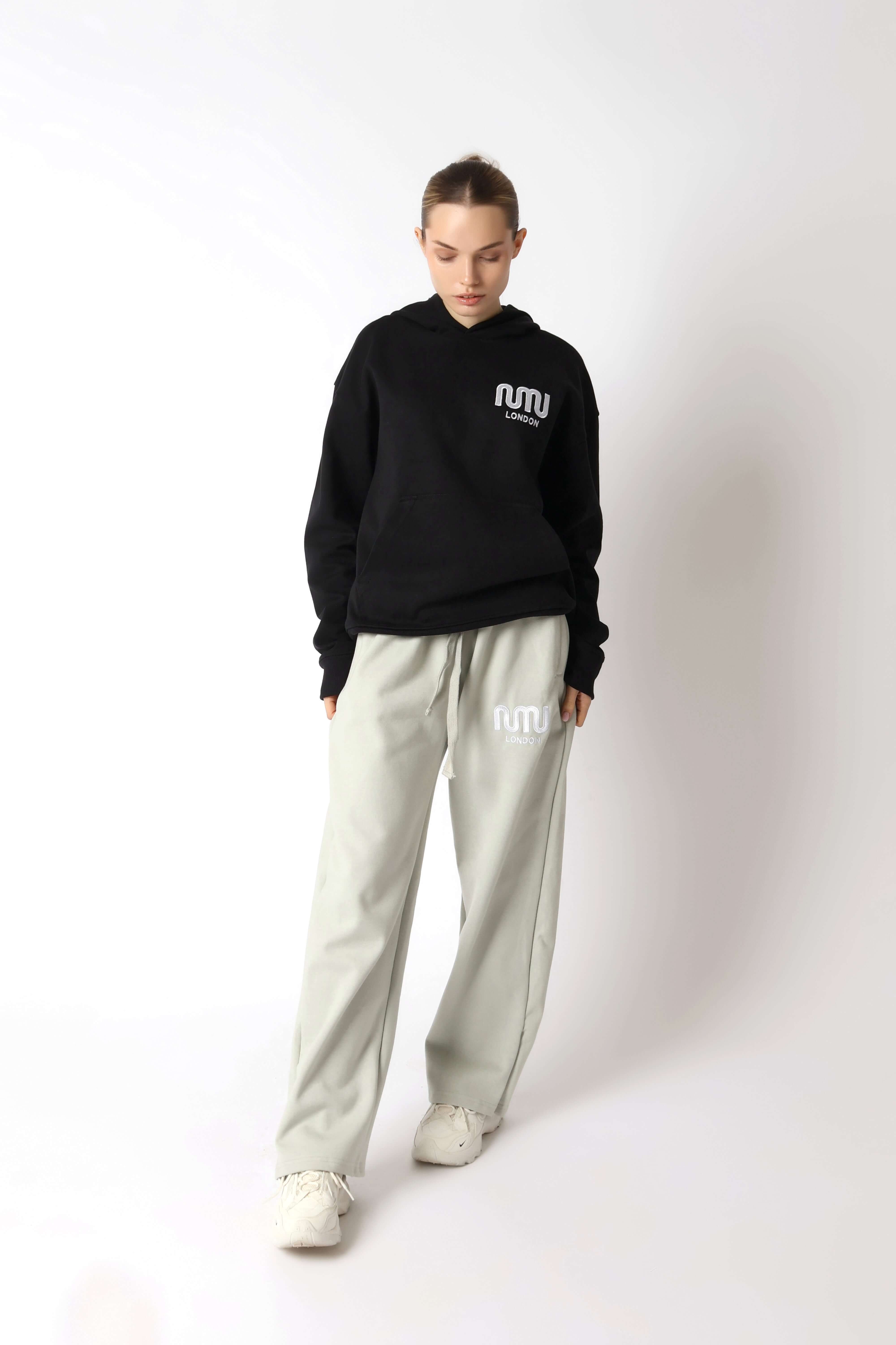 HEAVEN Relaxed Fit Hoodie - Premium Heavyweight Loungewear HEAVEN Hoodie front view HEAVEN Hoodie back view HEAVEN Wide Leg Joggers - Heavyweight Loungewear HEAVEN Joggers front view HEAVEN Wide Leg Joggers lifestyle shot Pulse Sports Bra with white logo