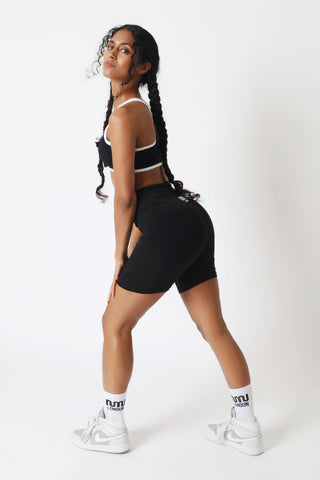 Black gym shorts flat lay SoftMotion MN London women